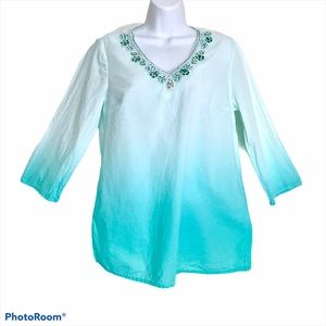 🔵 Beaded Turquoise Small Blouse 100% Cotton Blouse